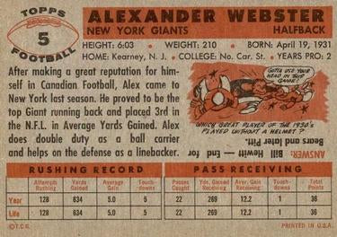 1956 Topps #5 Alex Webster PSA 5