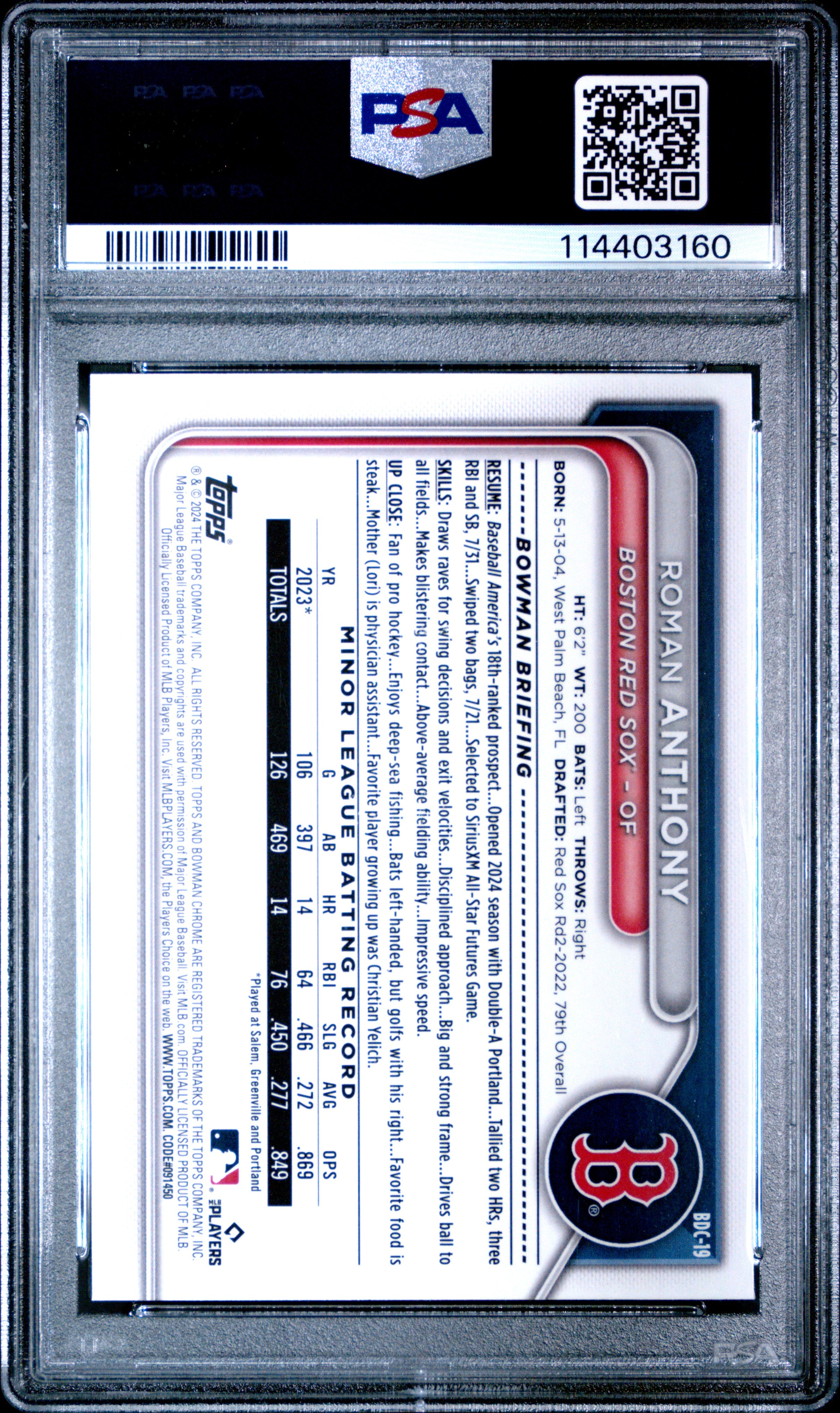 2024 Bowman Draft #BDC19 Roman Anthony Chrome-Yellow Refractor PSA 9