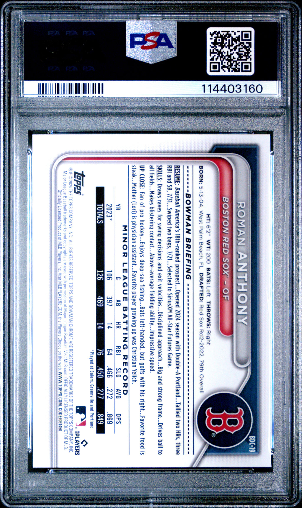 2024 Bowman Draft #BDC19 Roman Anthony Chrome-Yellow Refractor PSA 9