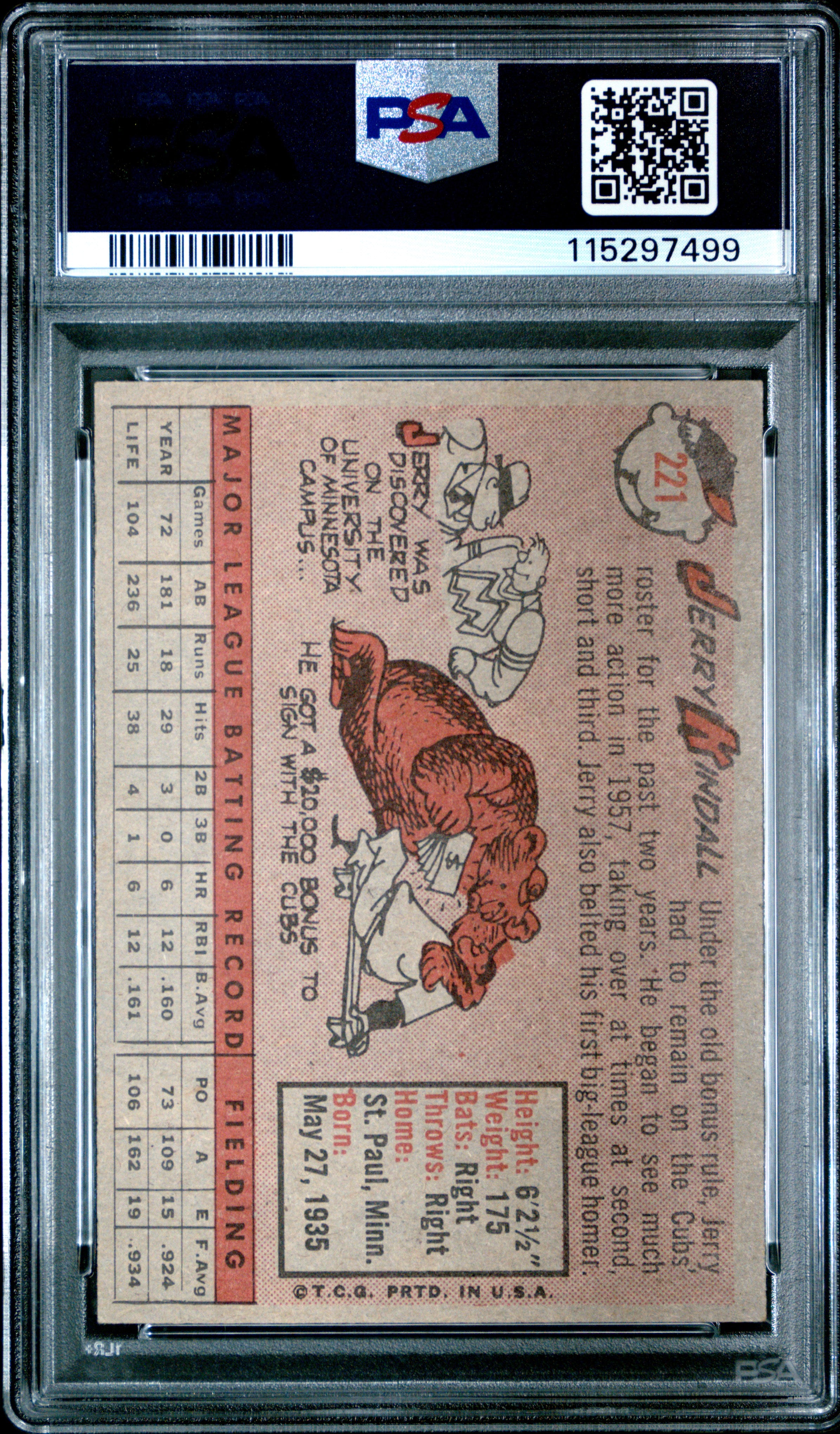 1958 Topps #221 Jerry Kindall PSA 6