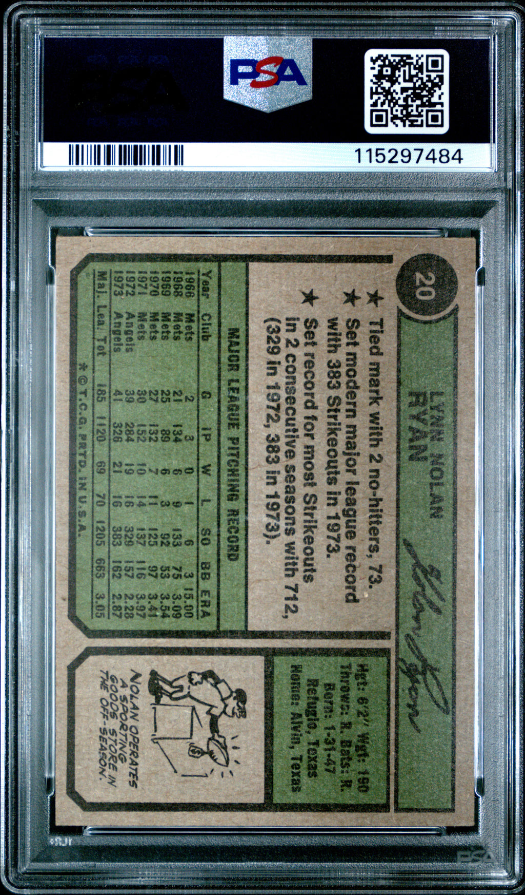 1974 Topps #20 Nolan Ryan PSA 6