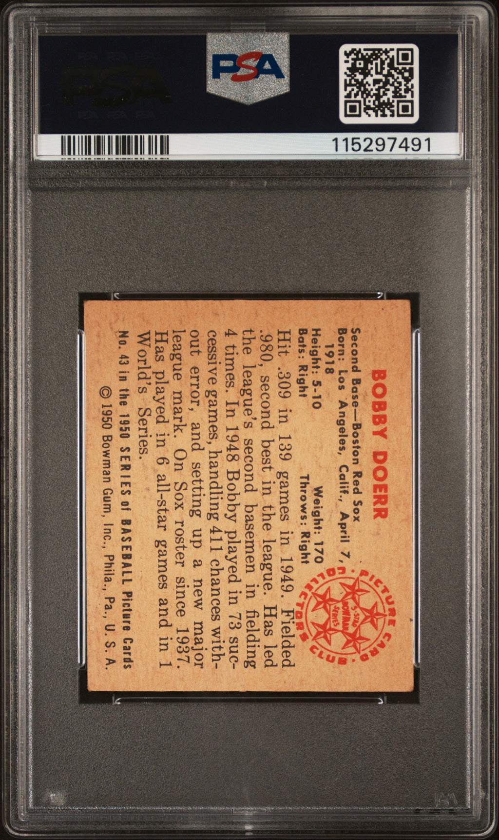 1950 Bowman #43 Bobby Doerr PSA 4
