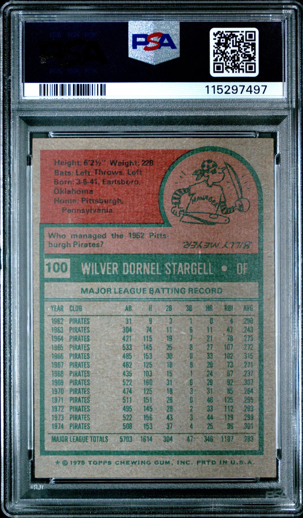 1975 Topps #100 Willie Stargell PSA 6