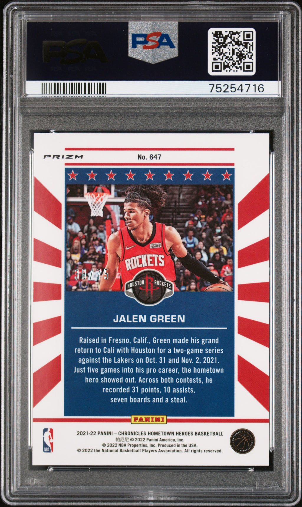 2021 Panini Chronicles #647 Jalen Green 75th Anniversary Orange /75 PSA 10