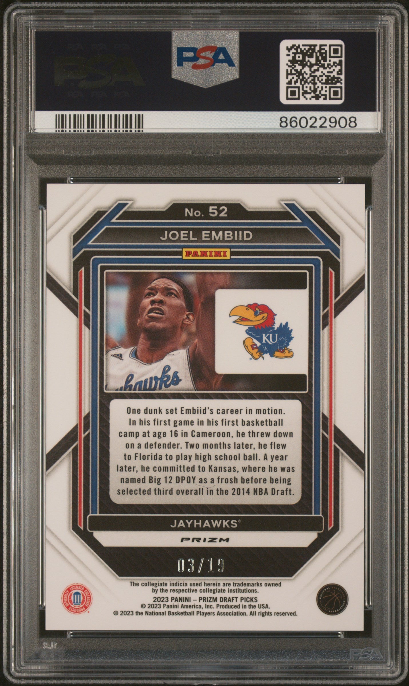 2023 Panini Prizm Draft Picks #52 Joel Embiid Blue Shimmer Fotl PSA 10