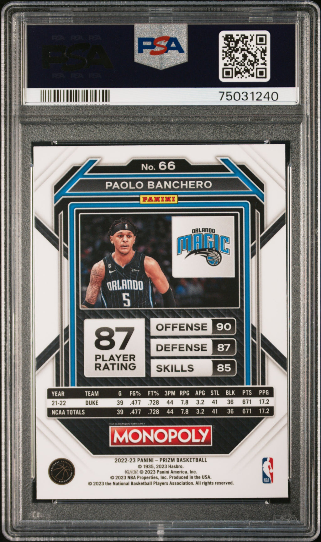 2022 Panini Prizm Monopoly #66 Paolo Banchero PSA 10