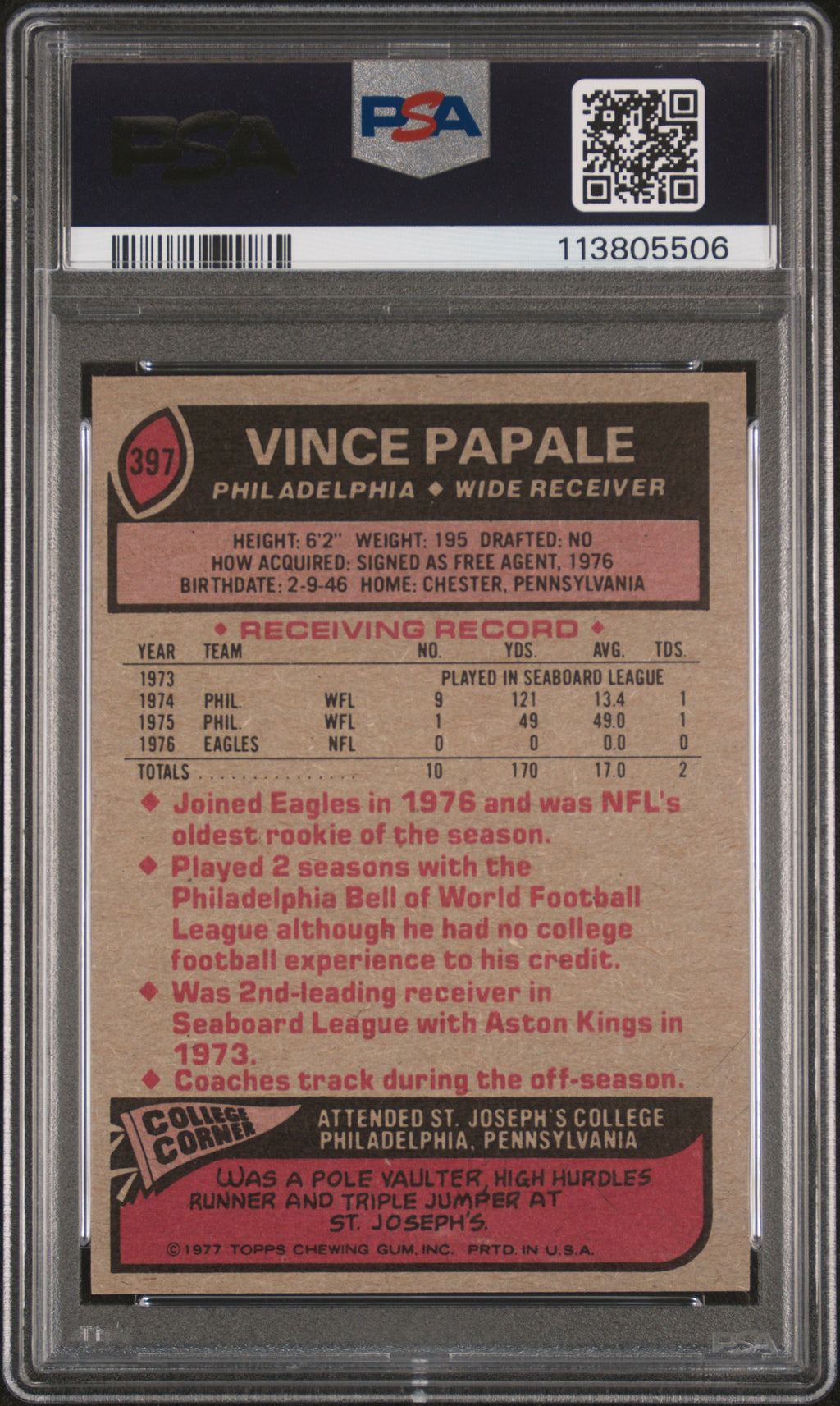 1977 Topps #397 Vince Papale PSA 9