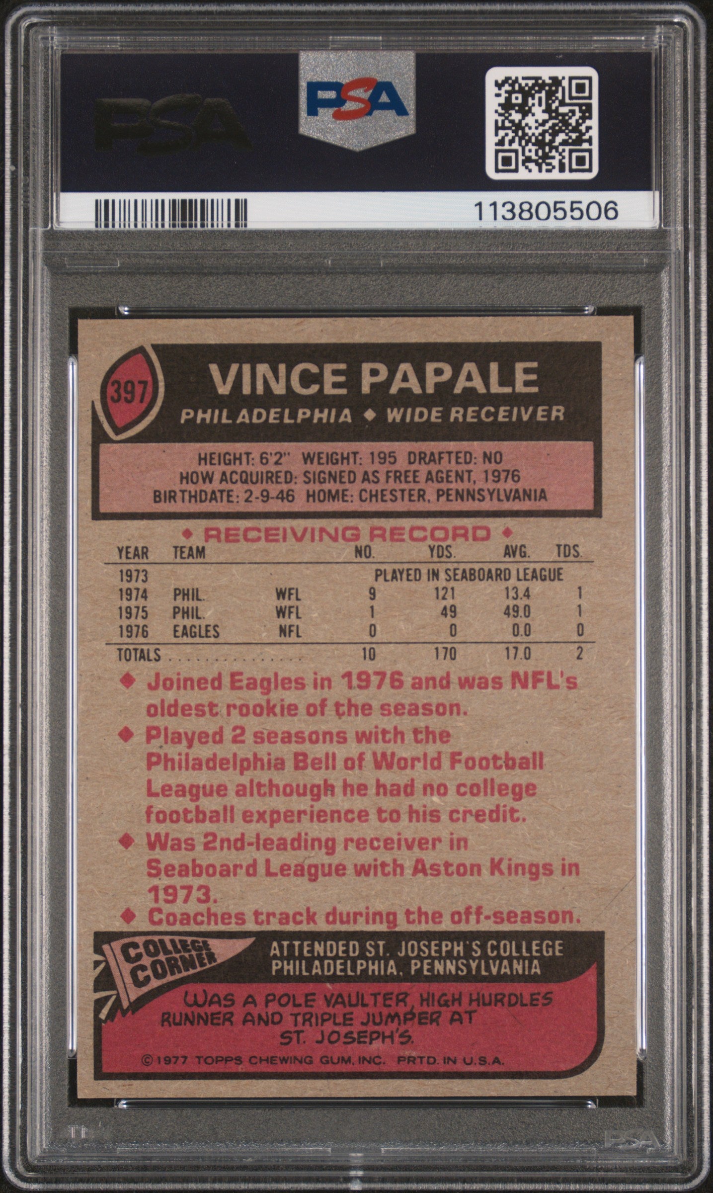 1977 Topps #397 Vince Papale PSA 9