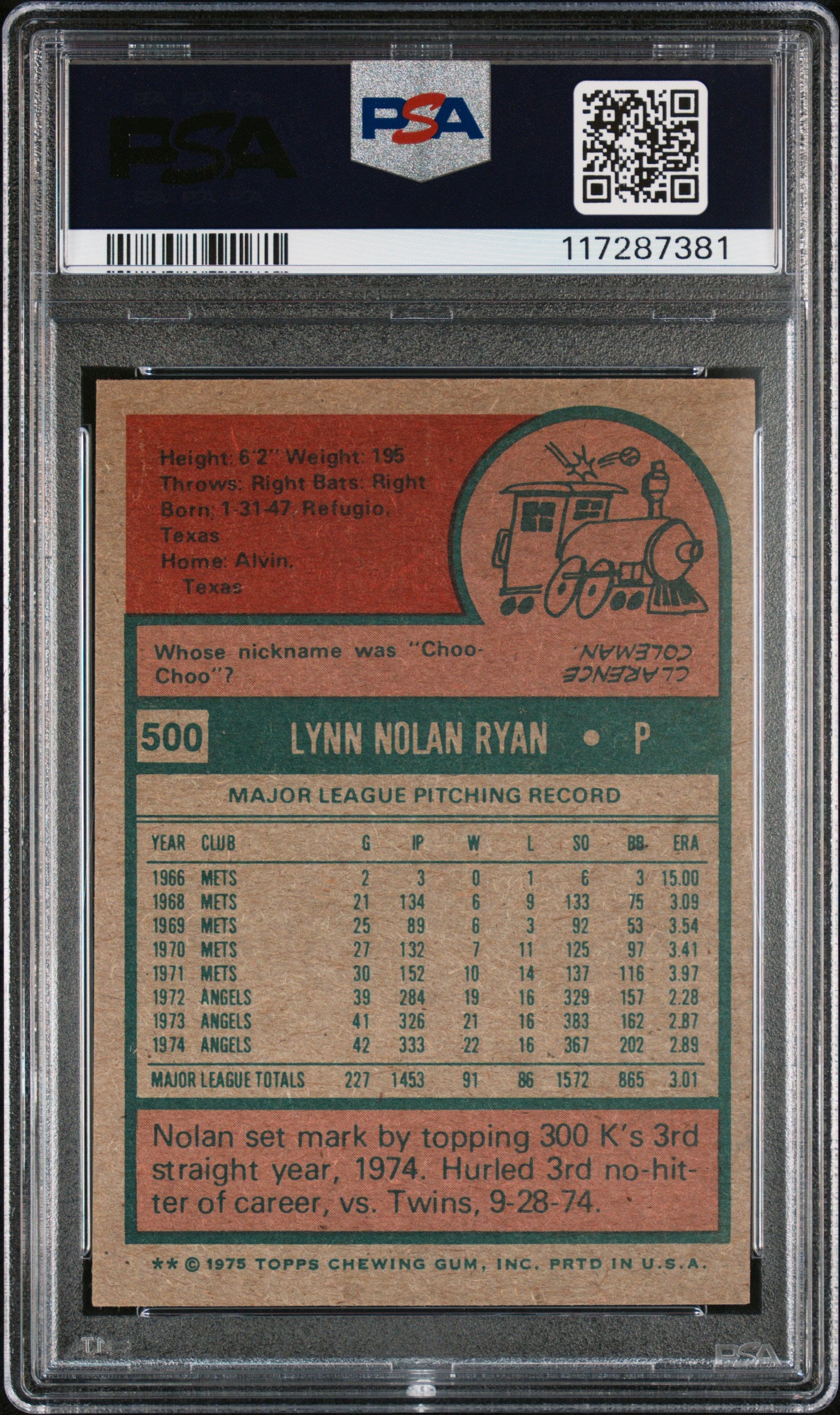 1975 Topps #500 Nolan Ryan PSA 4