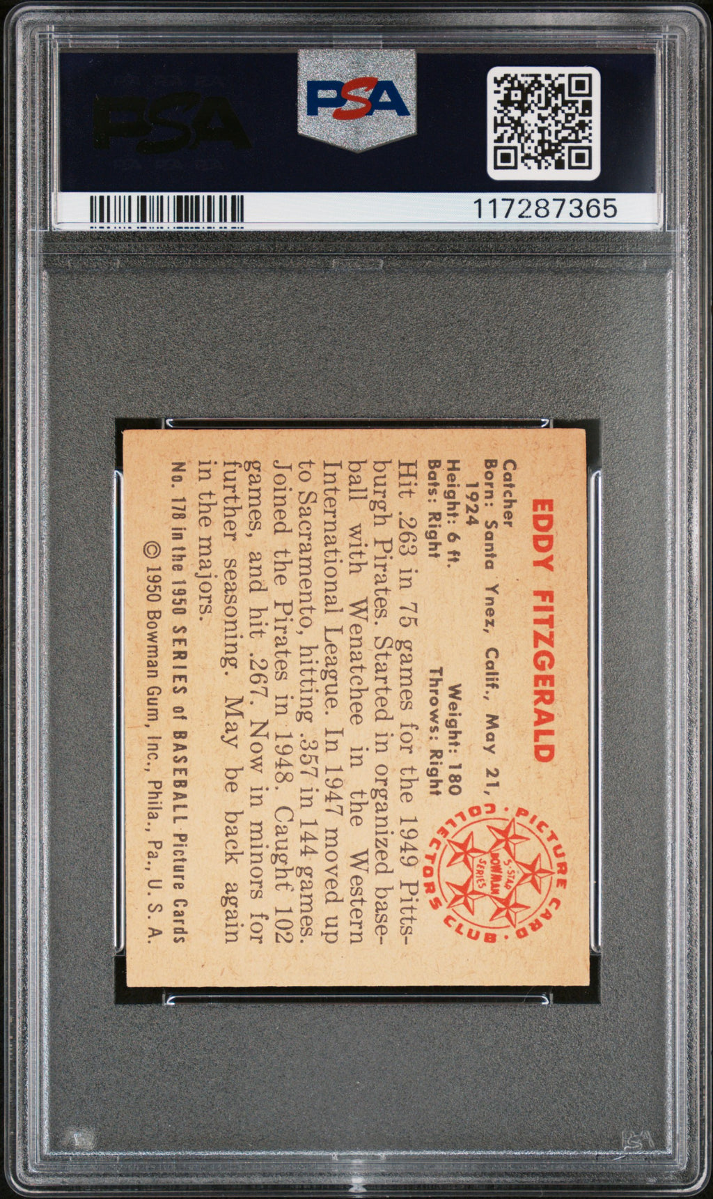 1950 Bowman #178 Eddy Fitzgerald PSA 6