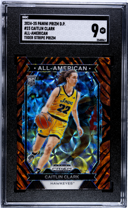 2024-25 Panini Prizm #23 Caitlin Clark All-American Tiger Stripe Prizm SGC 9