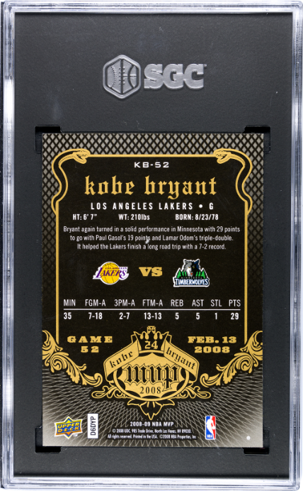 2008-09 Upper Deck MVP #KB-52 Kobe Bryant Game 52 - 2/13/2008 SGC 9.5