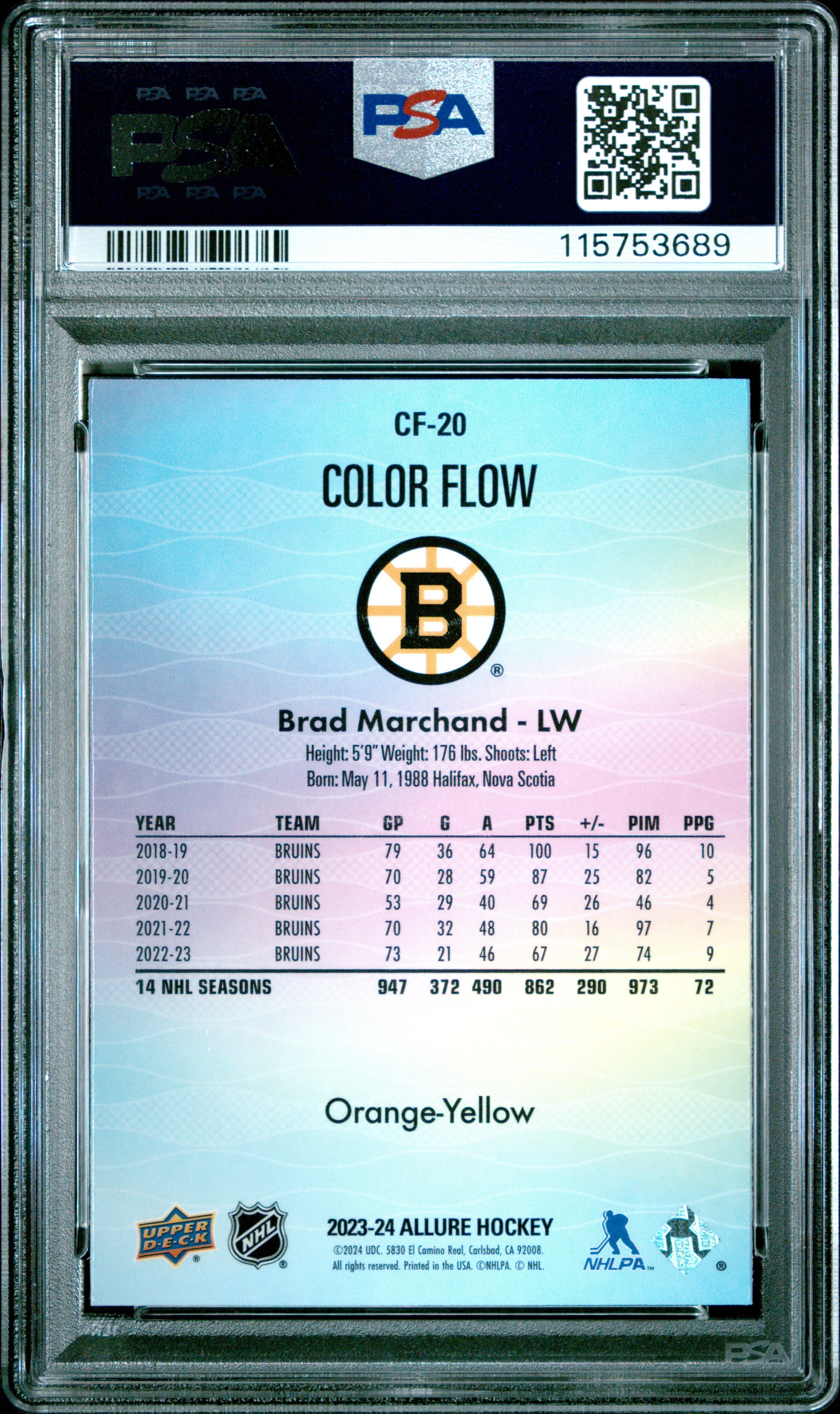2023 Upper Deck Allure Brad Marchand Color Flow-Orange-Yellow PSA 10