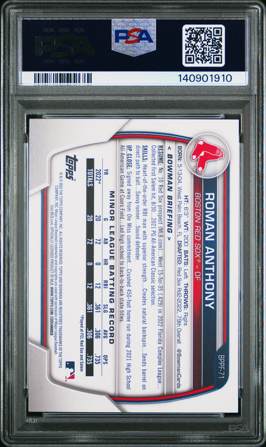 2023 Bowman 1st Edition #BPPF71 Roman Anthony PSA 9