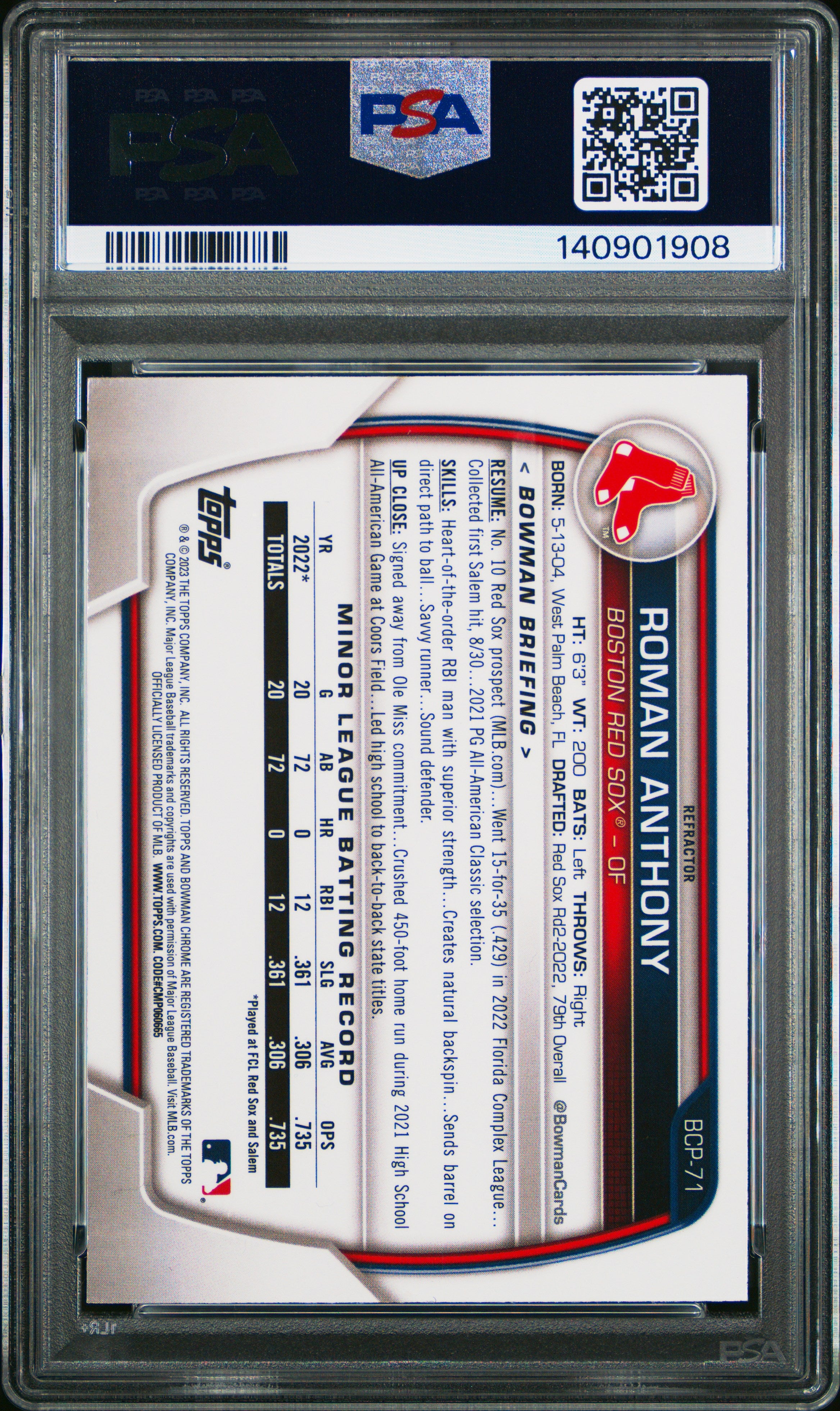 2023 Bowman Chrome Prospects #BCP71 Roman Anthony Chr Pros-Lunar Glow Ref PSA 9