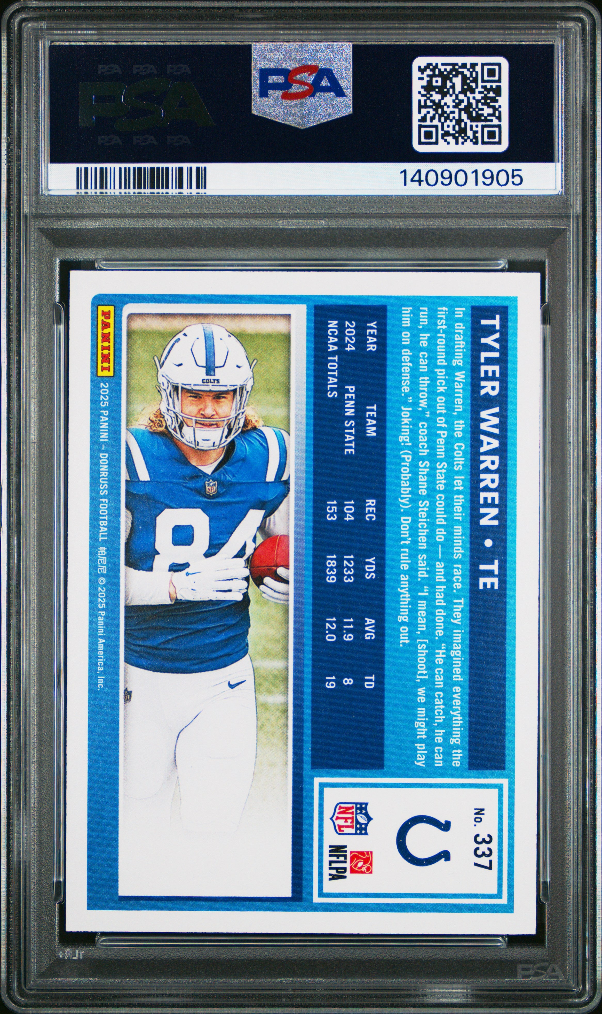 2025 Panini Donruss #337 Tyler Warren No Name PSA 9