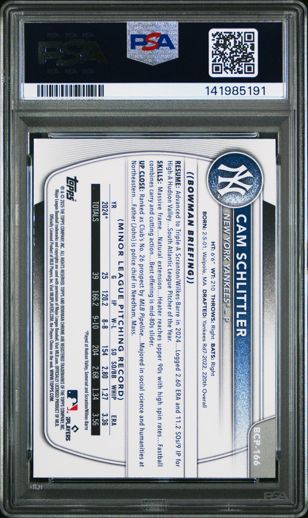 2025 Bowman Chrome Mega Box Chrome Prospects #166 Cam Schlittler PSA 9