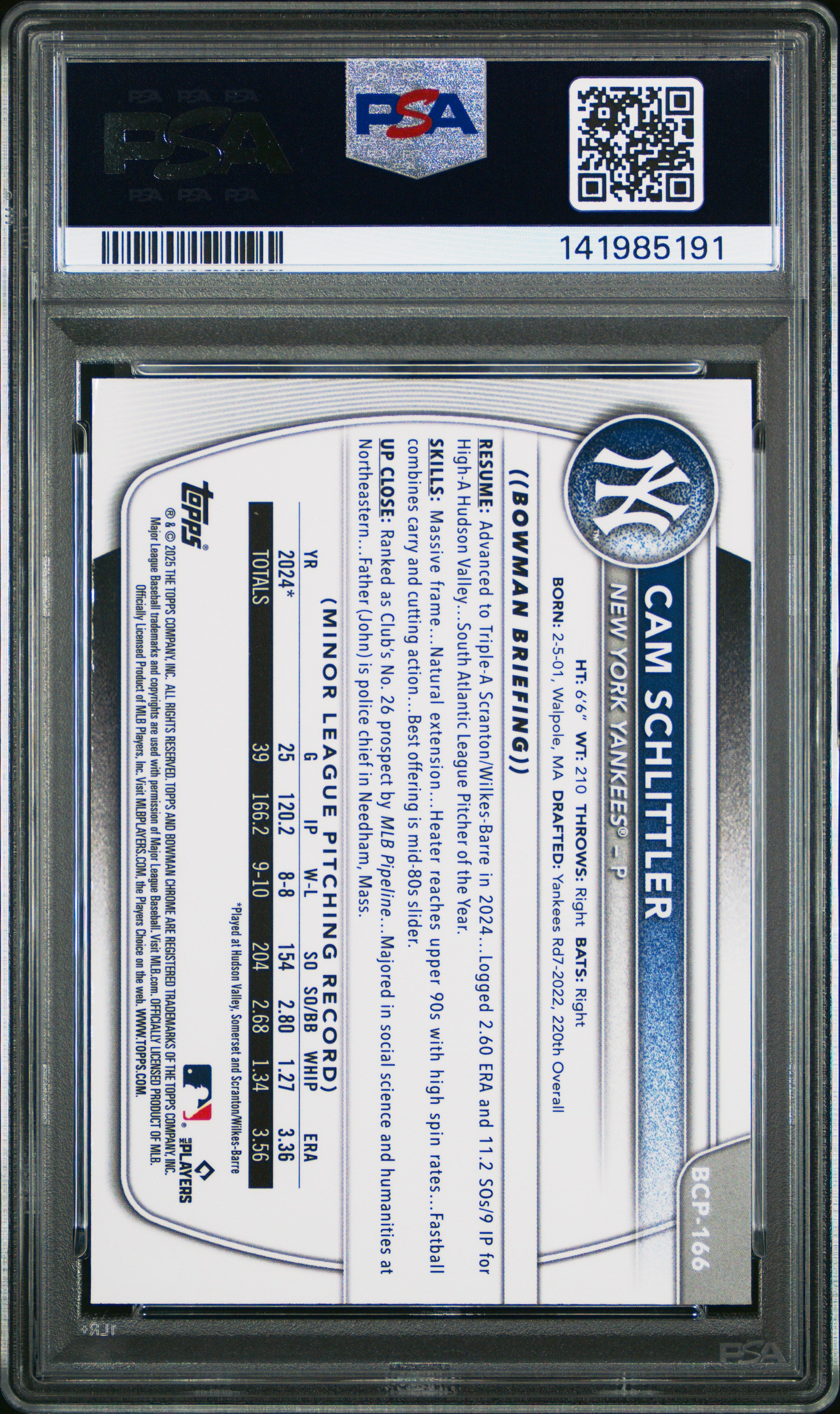 2025 Bowman Chrome Mega Box Chrome Prospects #166 Cam Schlittler PSA 9