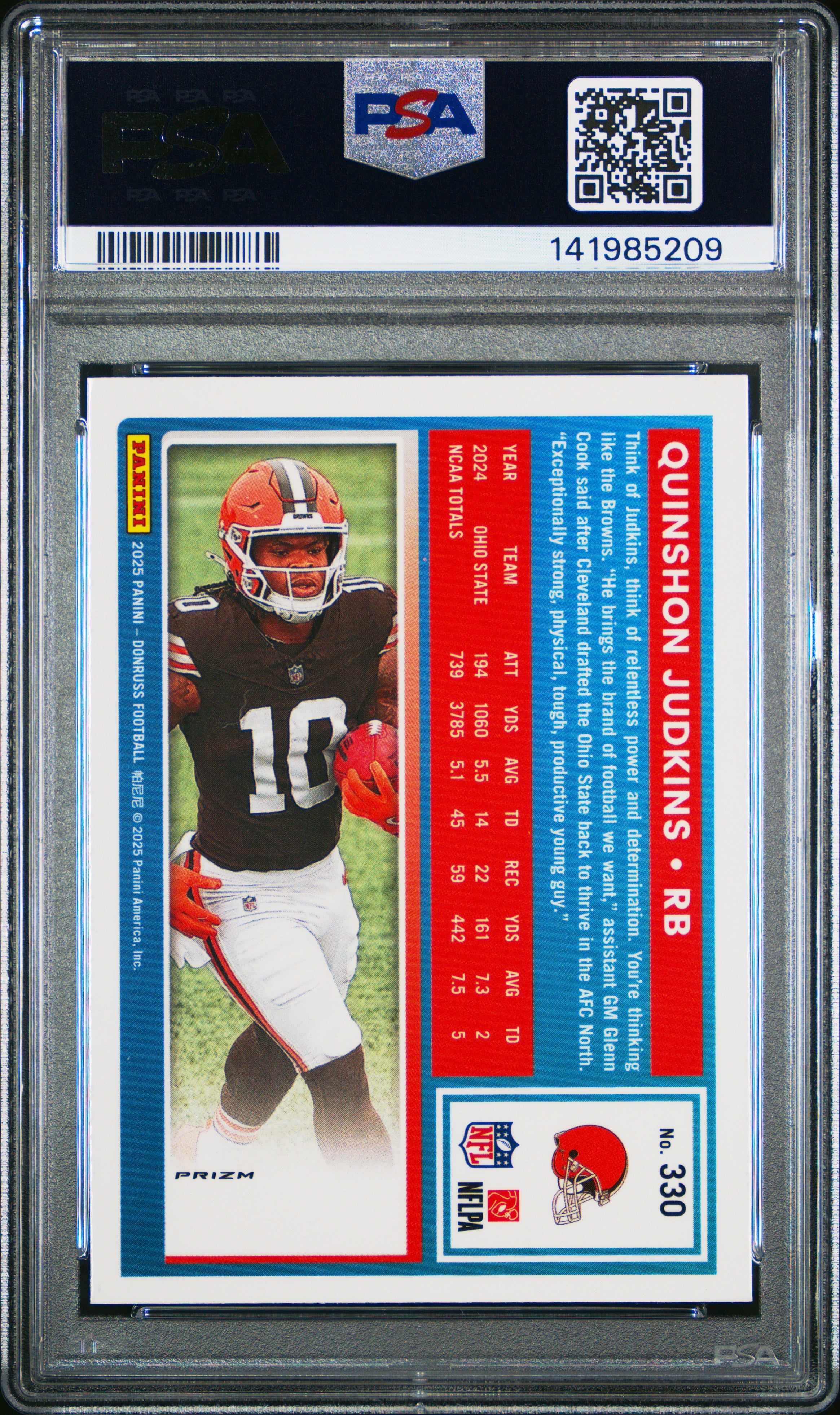 2025 Panini Donruss #330 Quinshon Judkins Optic Preview-Holo PSA 8