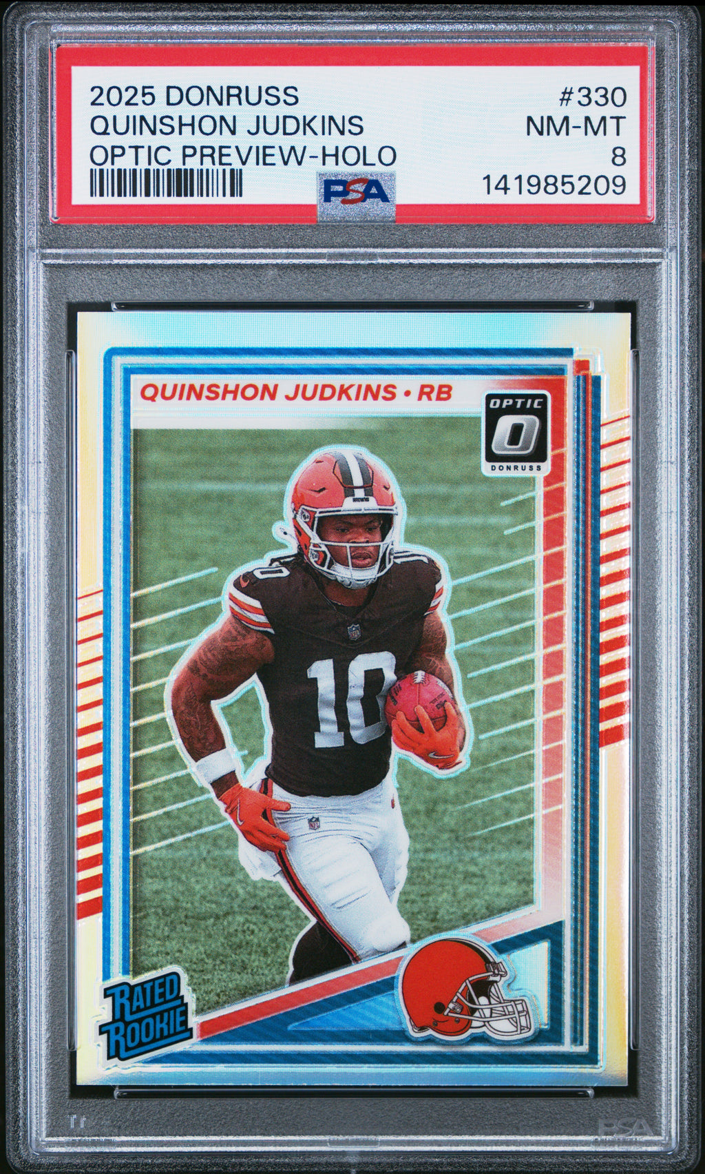 2025 Panini Donruss #330 Quinshon Judkins Optic Preview-Holo PSA 8
