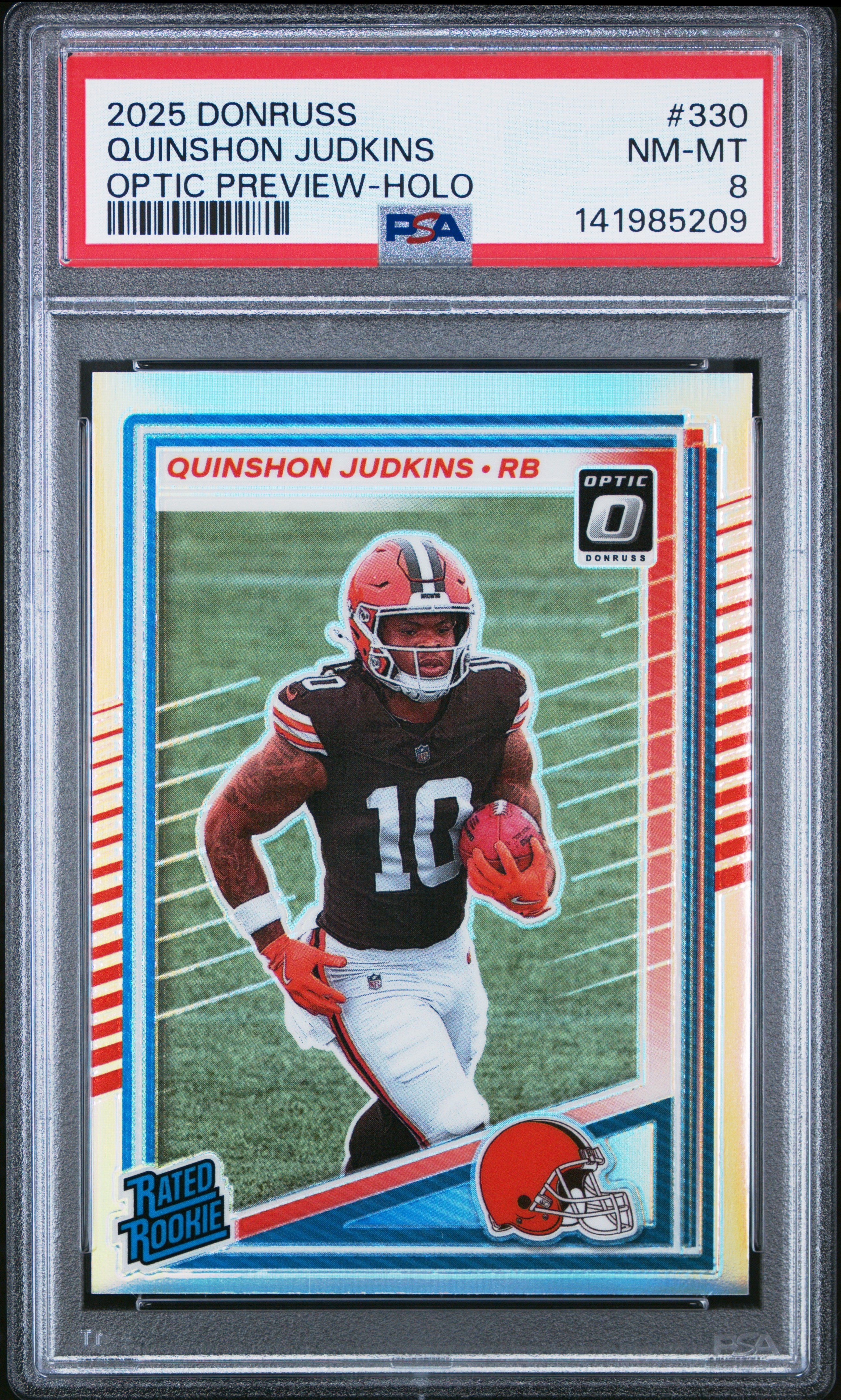 2025 Panini Donruss #330 Quinshon Judkins Optic Preview-Holo PSA 8