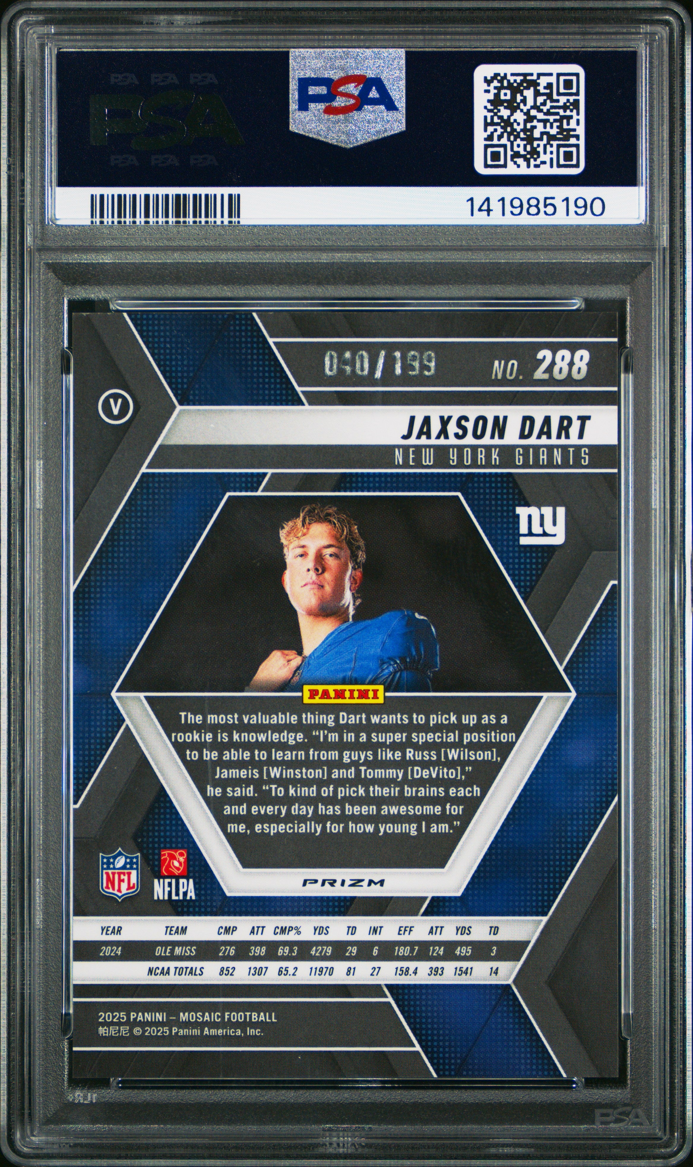 2025 Panini Mosaic #288 Jaxson Dart Orange PSA 8