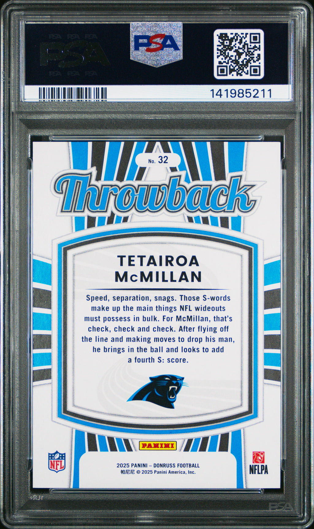 2025 Panini Donruss Rated Rookies Throwback #32 Tetairoa Mcmillan PSA 10