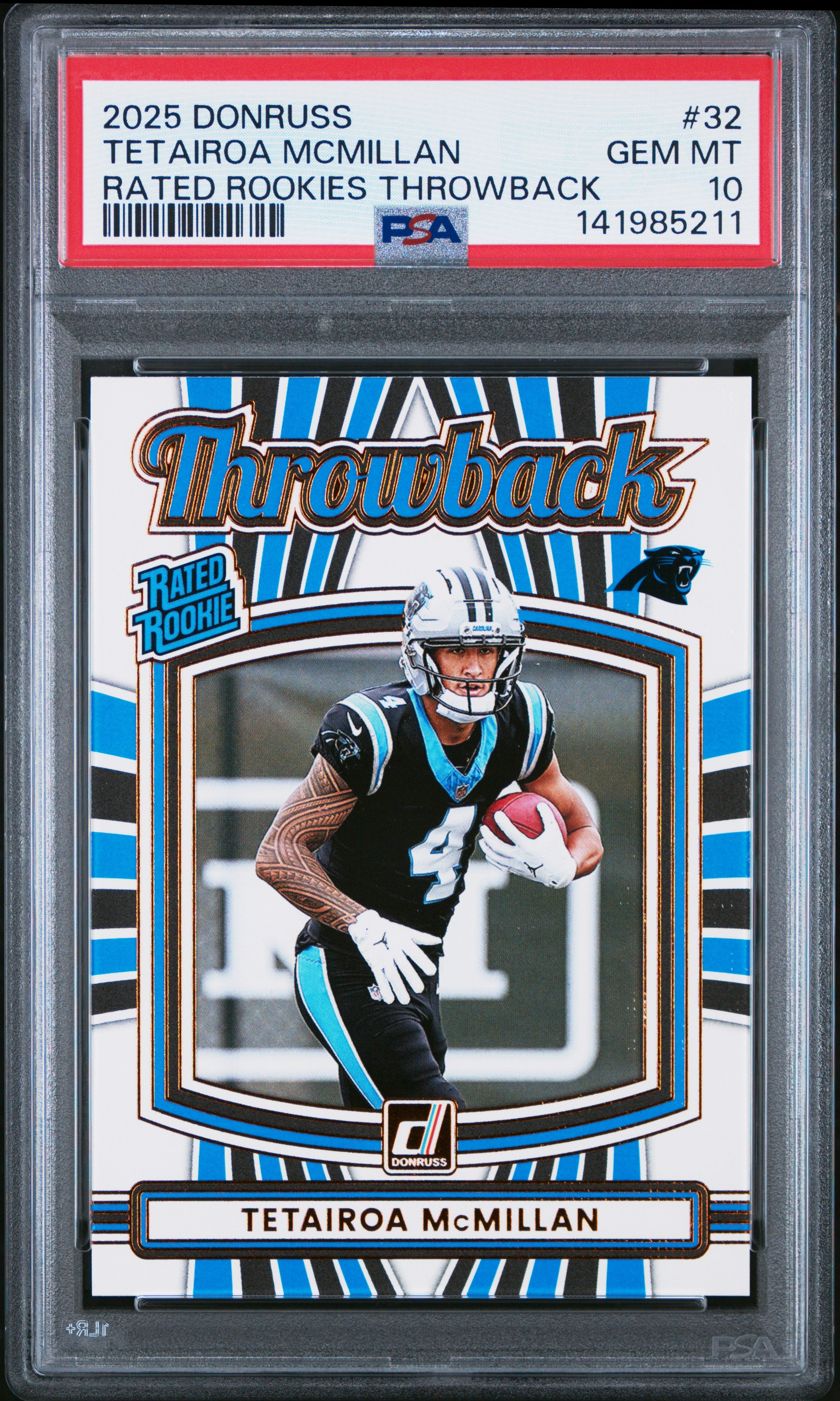 2025 Panini Donruss Rated Rookies Throwback #32 Tetairoa Mcmillan PSA 10