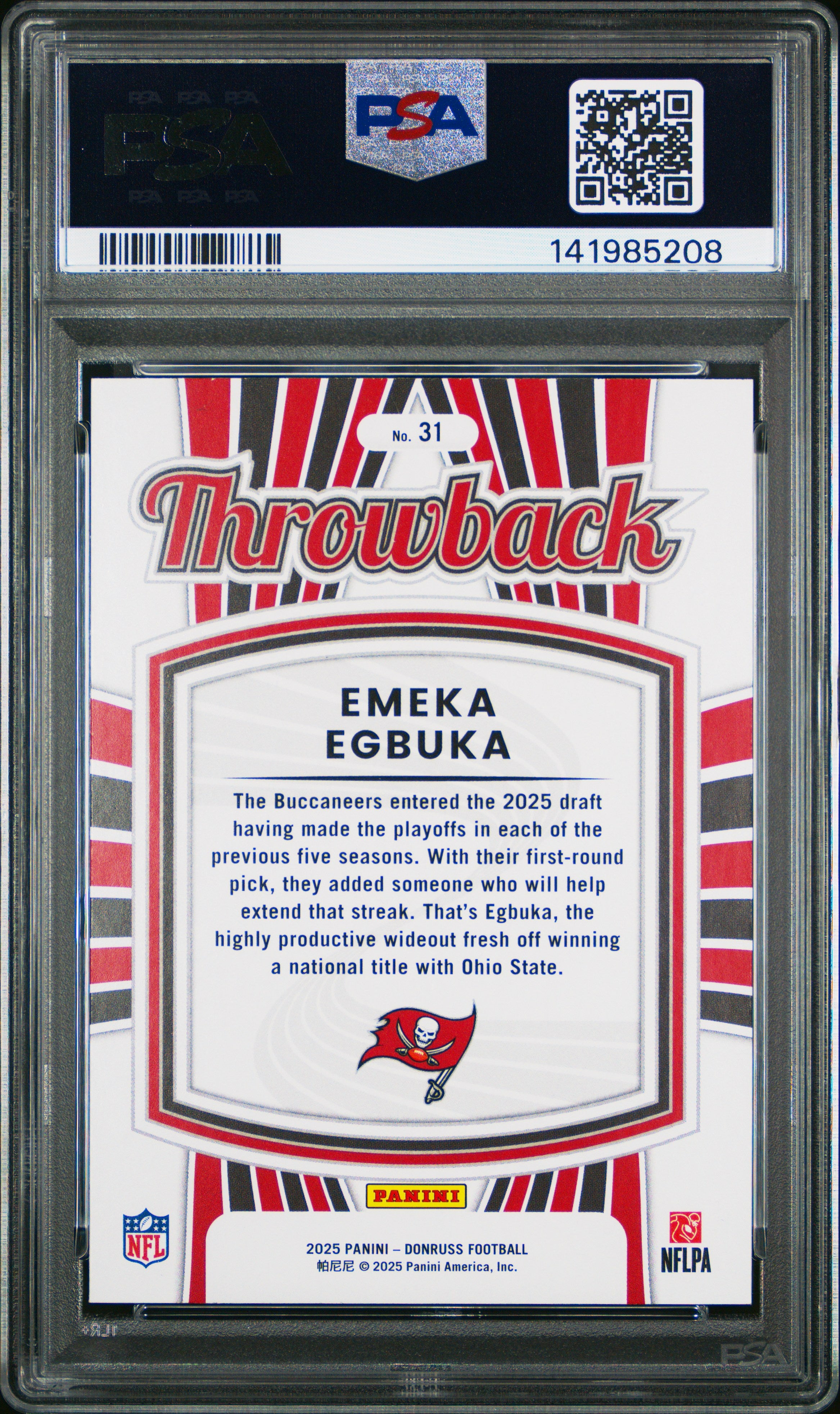 2025 Panini Donruss Rated Rookies Throwback #31 Emeka Egbuka PSA 9