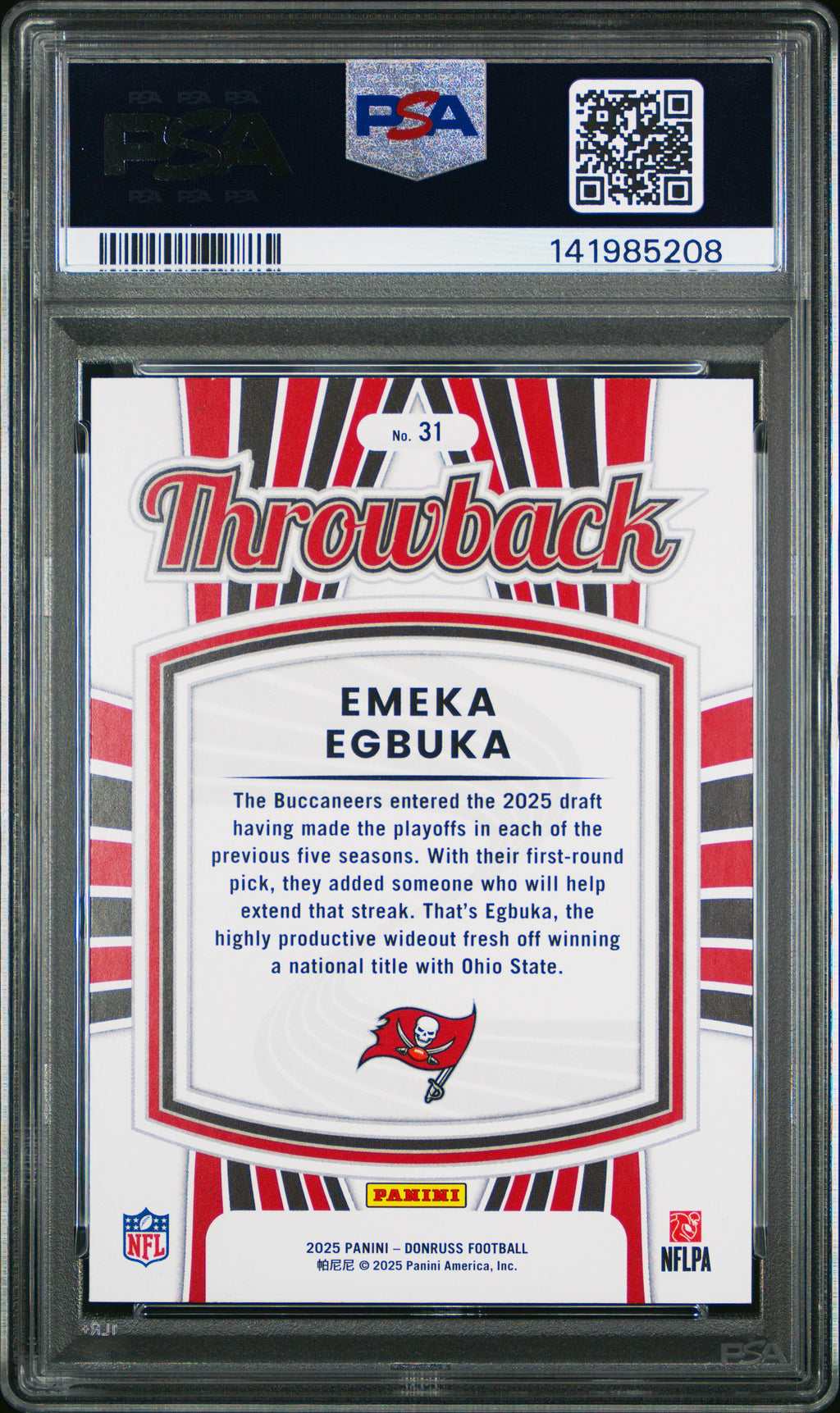 2025 Panini Donruss Rated Rookies Throwback #31 Emeka Egbuka PSA 9