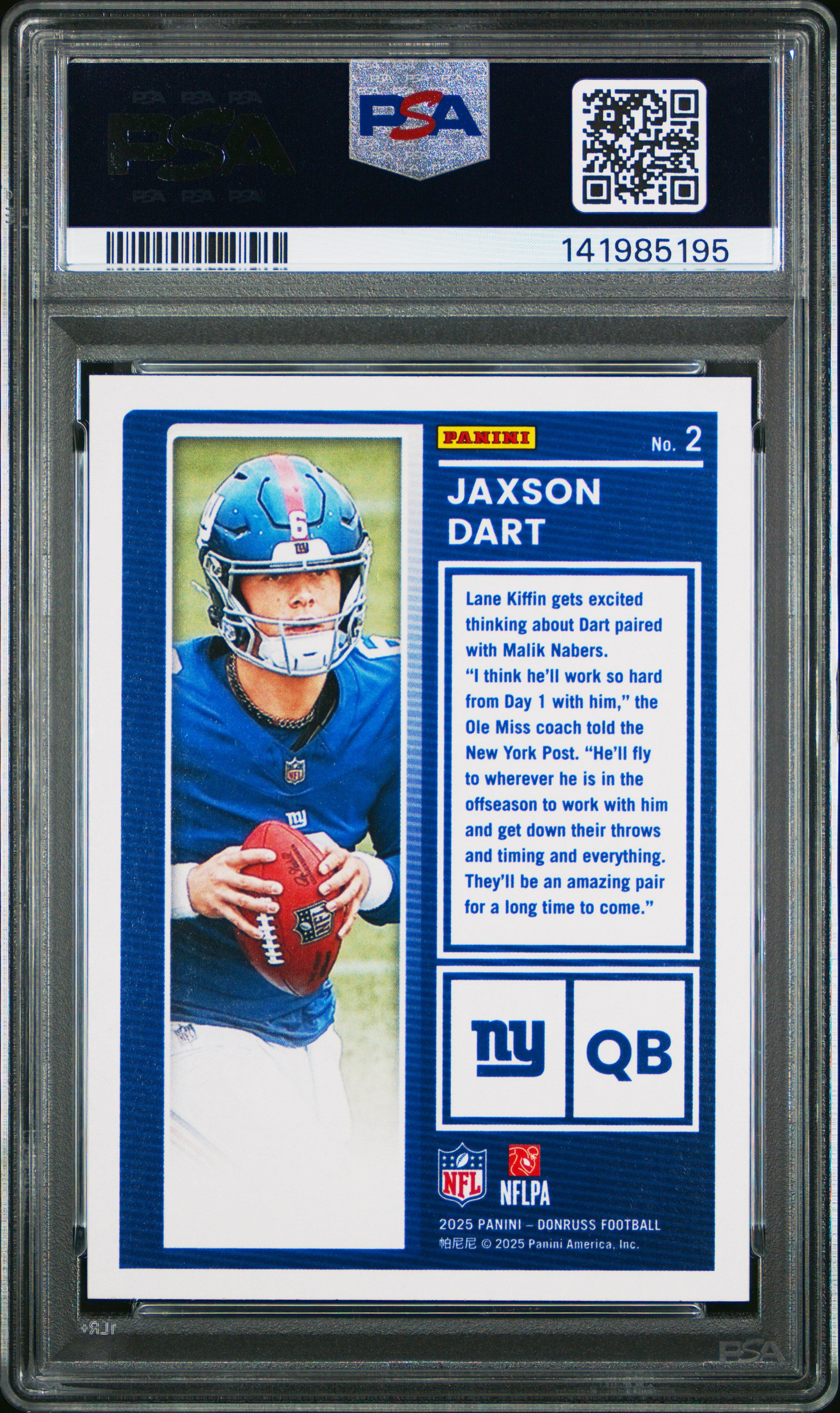 2025 Panini Donruss The Rookies #2 Jaxson Dart PSA 9