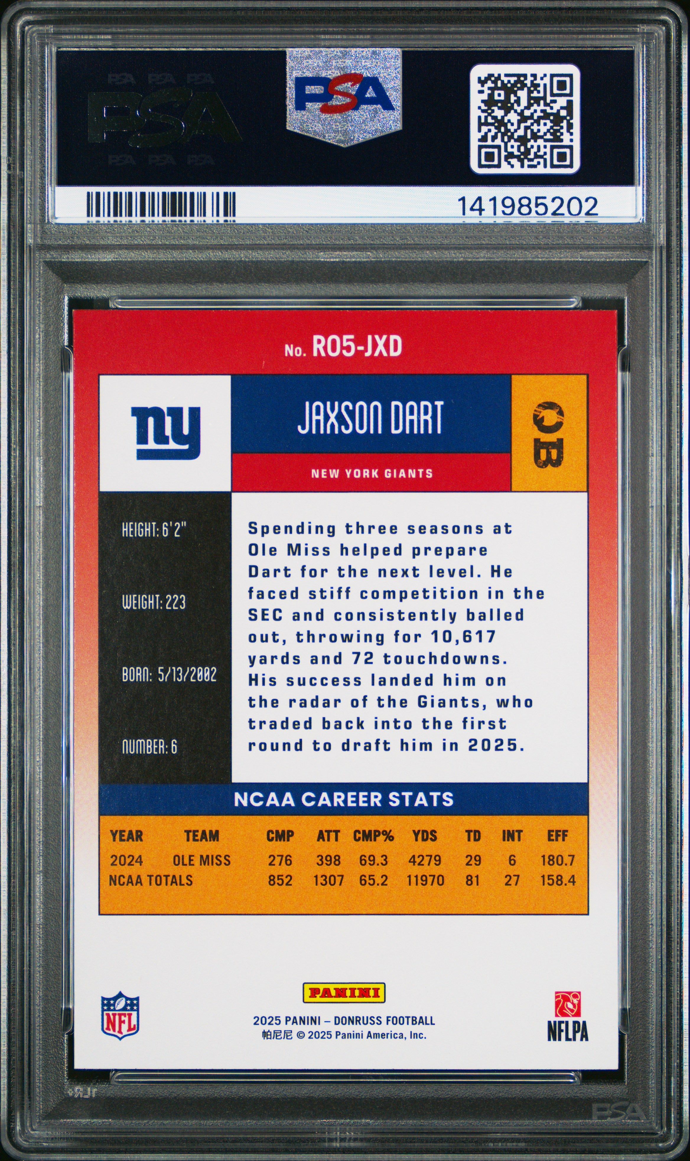 2025 Panini Donruss Retro 2005 #R05-JXD Jaxson Dart PSA 9