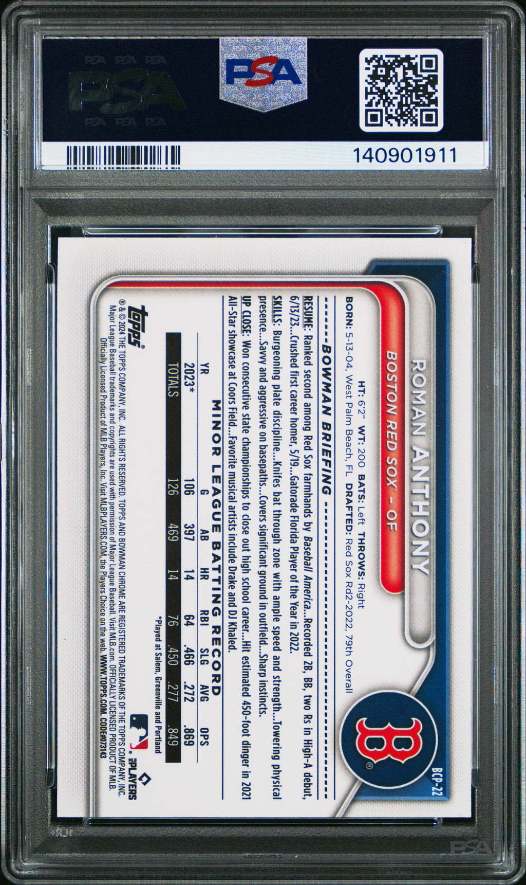 2024 Bowman Sapphire Chrome Prospects #BCP22 Roman Anthony PSA 10