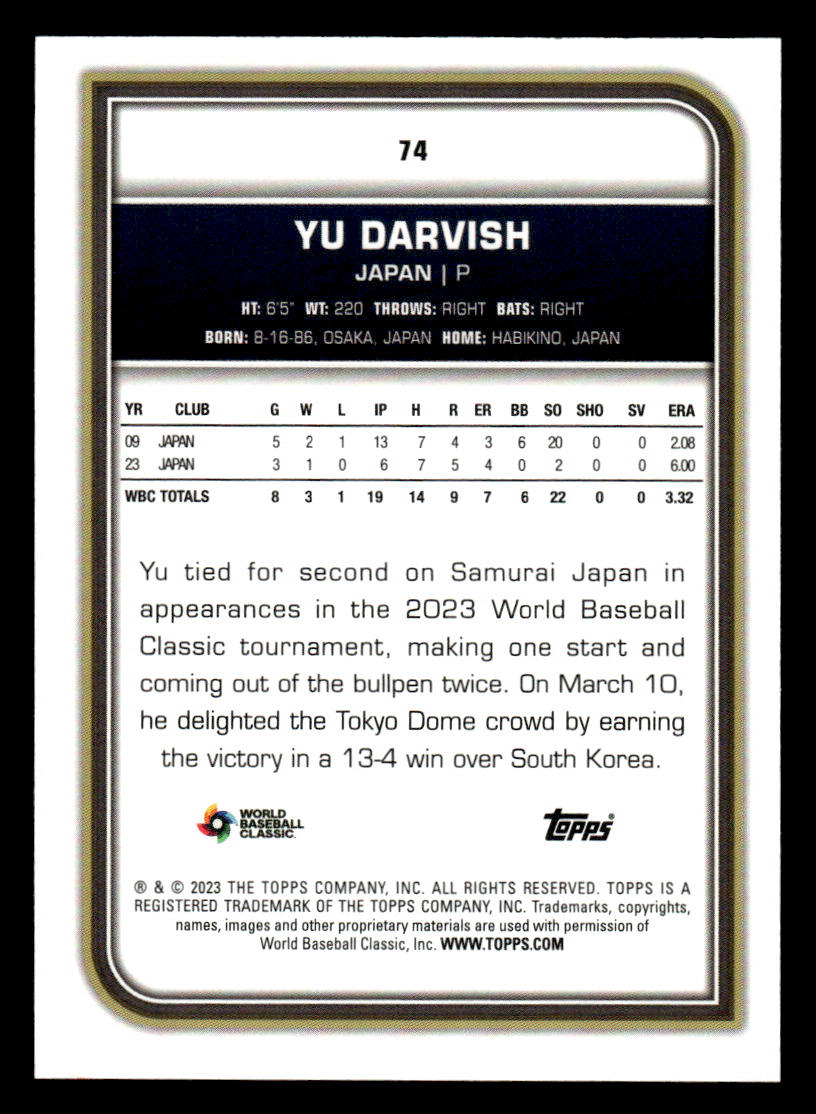2023 Topps World Baseball Classic #74 Yu Darvish Gold Rainbow Foil #/50